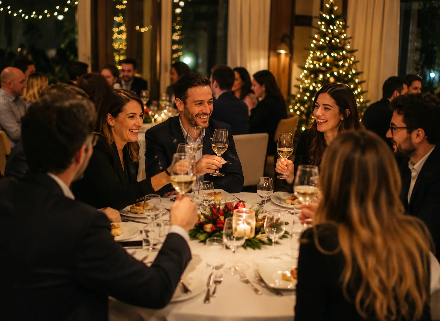 Colleghi che brindano durante una cena di Natale aziendale con spettacolo di intrattenimento